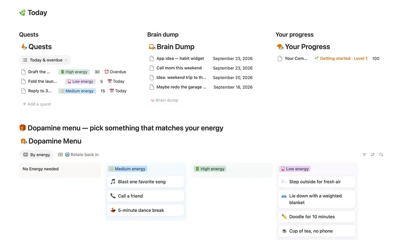 ADHD Command Center dashboard in Notion