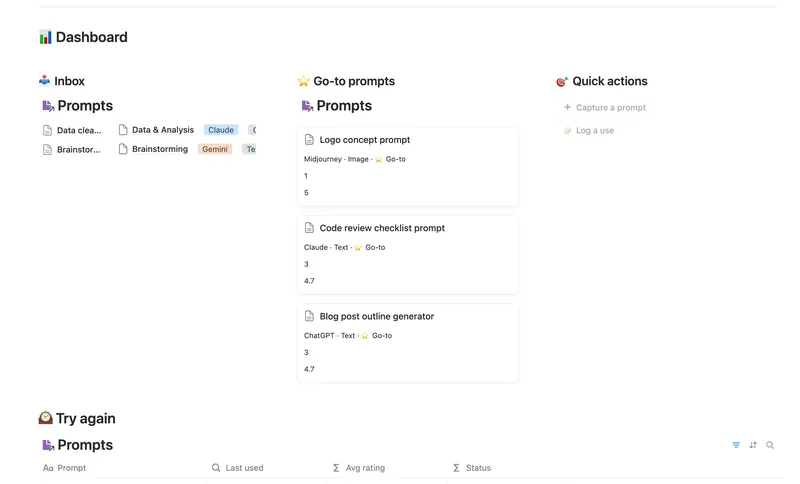AI Prompt Library dashboard in Notion