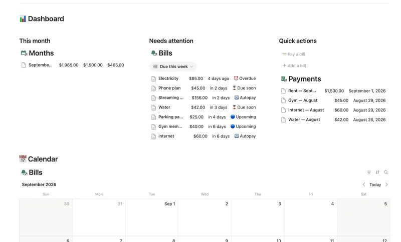 Bills & Due Dates dashboard in Notion