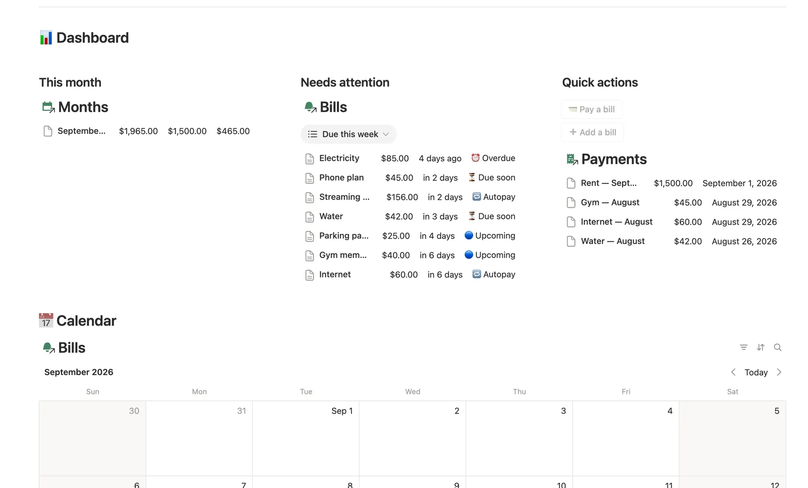 Bills & Due Dates preview