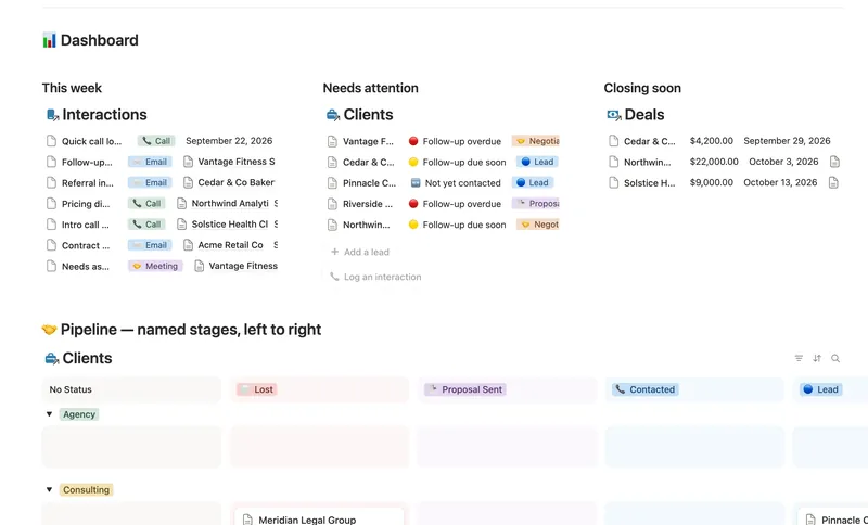 Client CRM dashboard in Notion