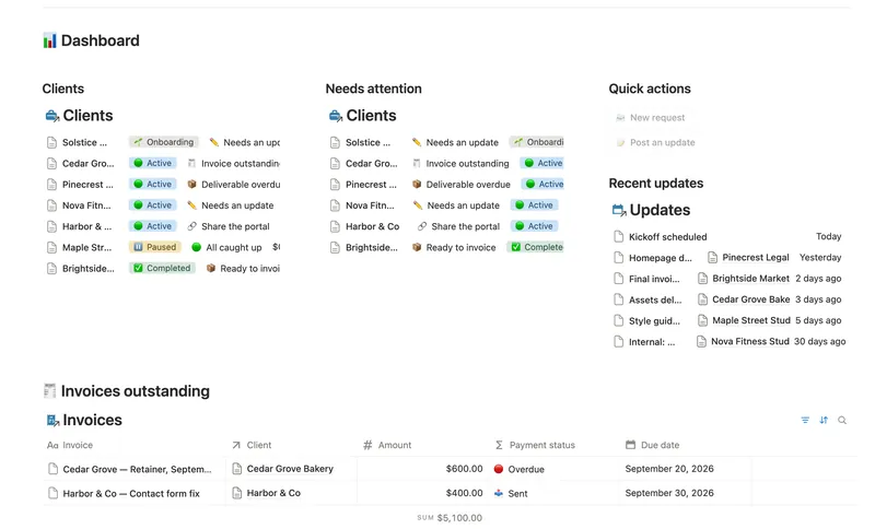 Client Portal dashboard in Notion