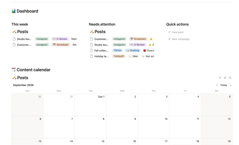 Content Calendar dashboard in Notion