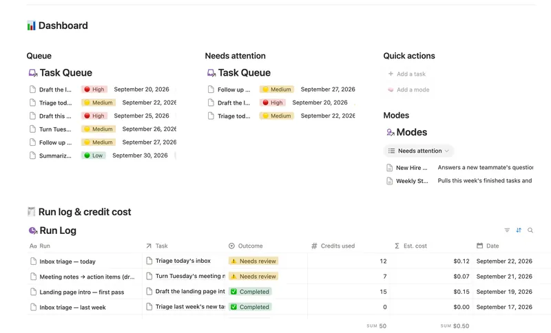 Custom Agent Starter Kit dashboard in Notion