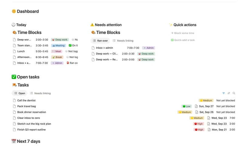Daily Planner & Time Blocks dashboard in Notion