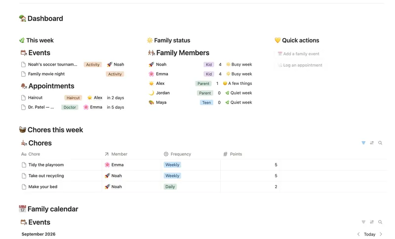Family Organizer dashboard in Notion