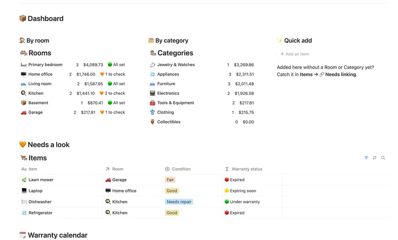 Home Inventory dashboard in Notion