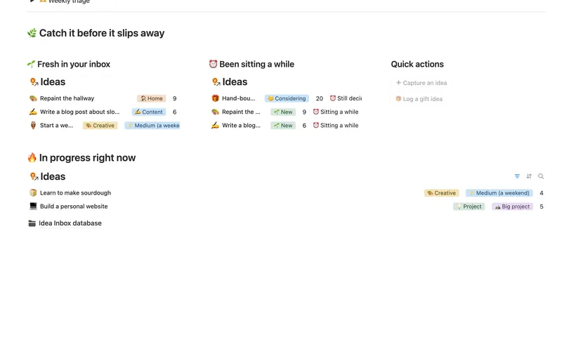 Idea Inbox dashboard in Notion