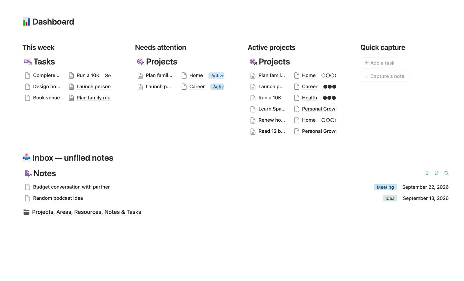 Second Brain (PKM) dashboard in Notion